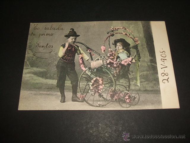 Postales: NI&Ntilde;OS CON CARRITO POSTAL ANTIGUA - Foto 1