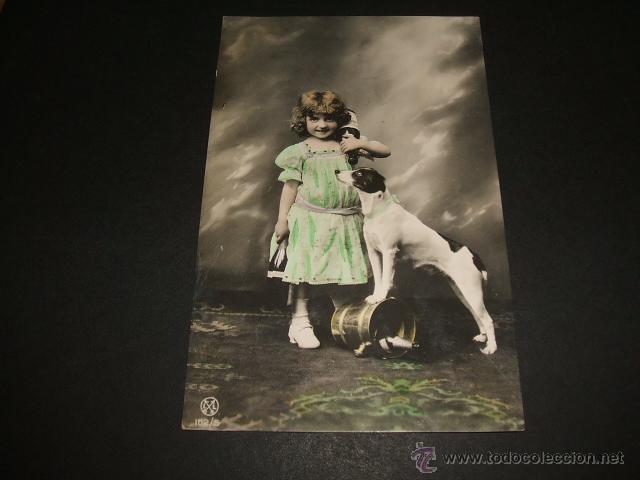 Postales: NI&Ntilde;A CON PERRO Y CHAMPAGNE POSTAL ANTIGUA - Foto 1