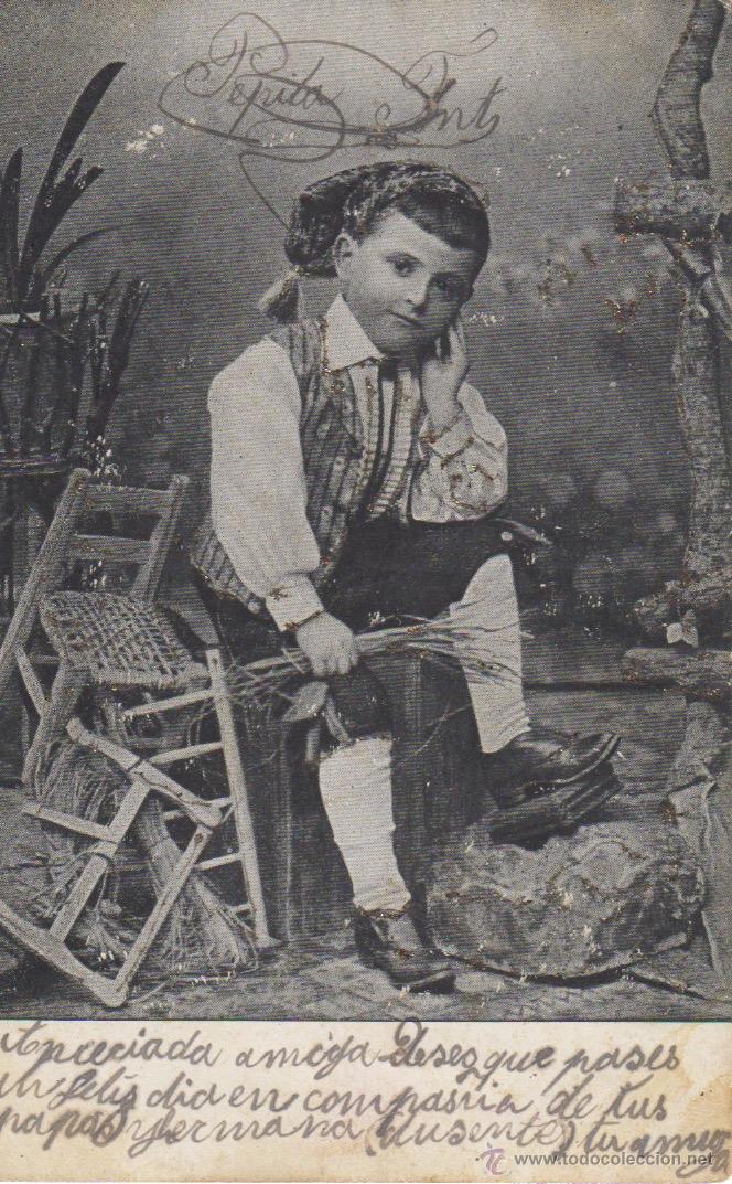 Postais: buena postal modernista con purpurina ni&ntilde;o traje tipico baturro