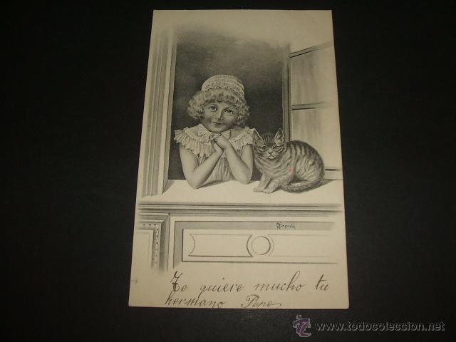 Postales: NI&Ntilde;A CON GATO POSTAL - Foto 1