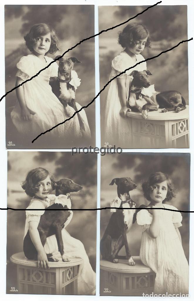 Postales: LOTE DE 4 (CUATRO) POSTALES. NI&Ntilde;A Y PERRO. - Foto 1