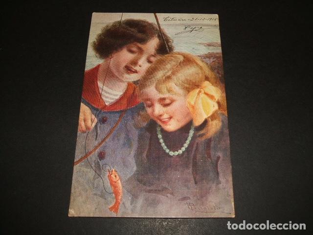 Postales: NI&Ntilde;OS PESCANDO POSTAL 1915 ILUSTRADA - Foto 1