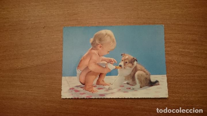 Postales: POSTAL NI&Ntilde;O CON EL BIBERON Y EL PERRO - Foto 1