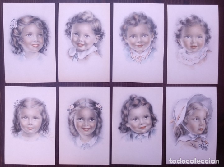 8 POSTALES AÑOS 50 NIÑAS DIBUJADAS COLORES PASTEL SERIE 600 MUY BUEN ESTADO 14X9 IMPRESAS EN ESPAÑA.