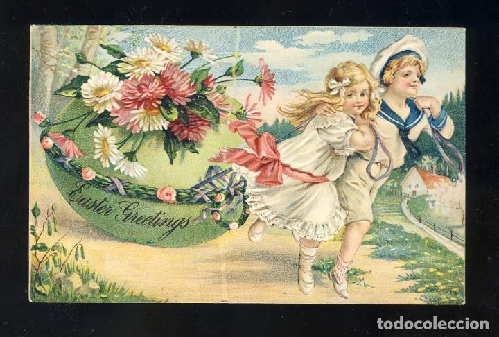 Postales: Postal ilustrada de ni&ntilde;os: Easter Greetings. En relieve - Foto 1