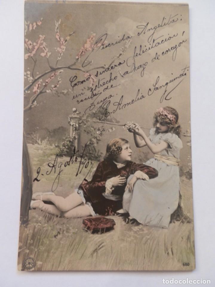 Postkarten: ANTIGUA POSTAL PAREJA NI&Ntilde;OS FRANCIA FECHADA 2 DE AGOSTO 1907 A COLOR.