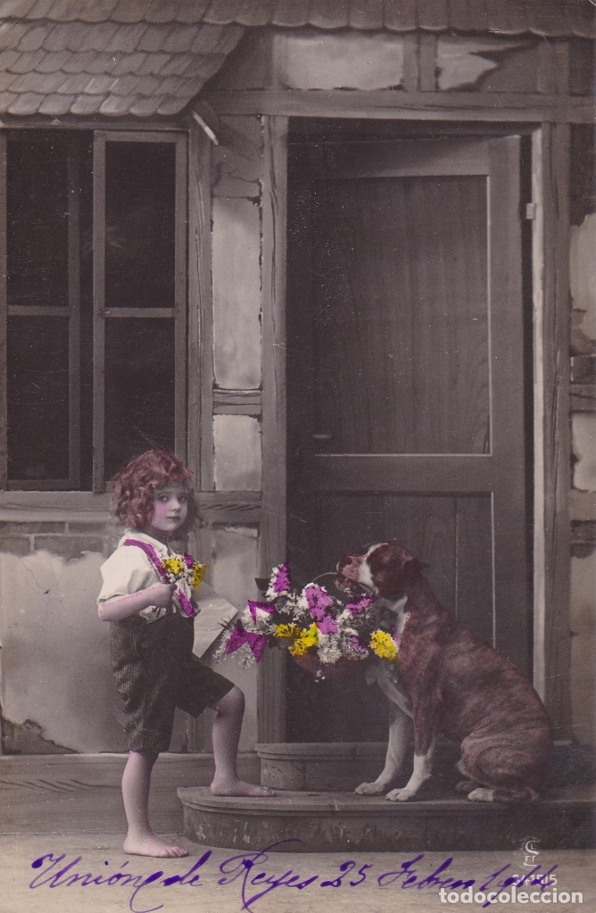 Postales: Ni&ntilde;a con perro con flores circulada 1914 - Foto 1