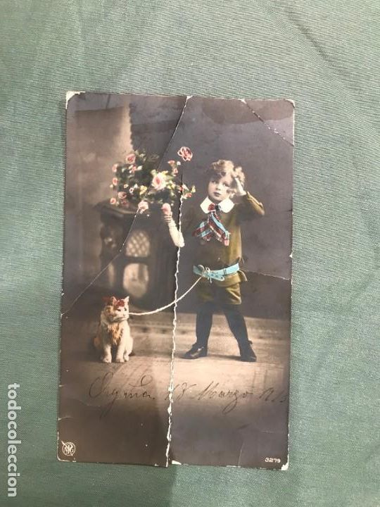 Postales: NI&Ntilde;0 CON GATITO CIRCULADA 1913 - Foto 2