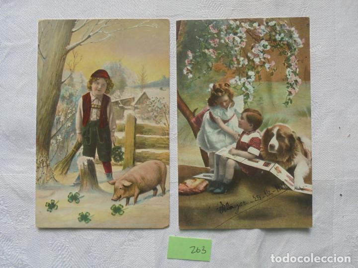 Postales: 2 postales ni&ntilde;os con cerdo y perro - Foto 1