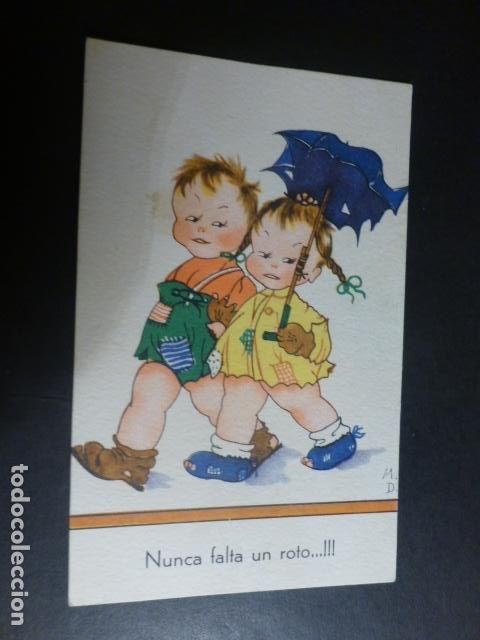 Postales: NI&Ntilde;OS CON PARAGUAS POSTAL ILUSTRADA - Foto 1