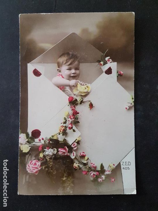 Postales: NI&Ntilde;O EN SOBRE CON FLORES POSTAL - Foto 1