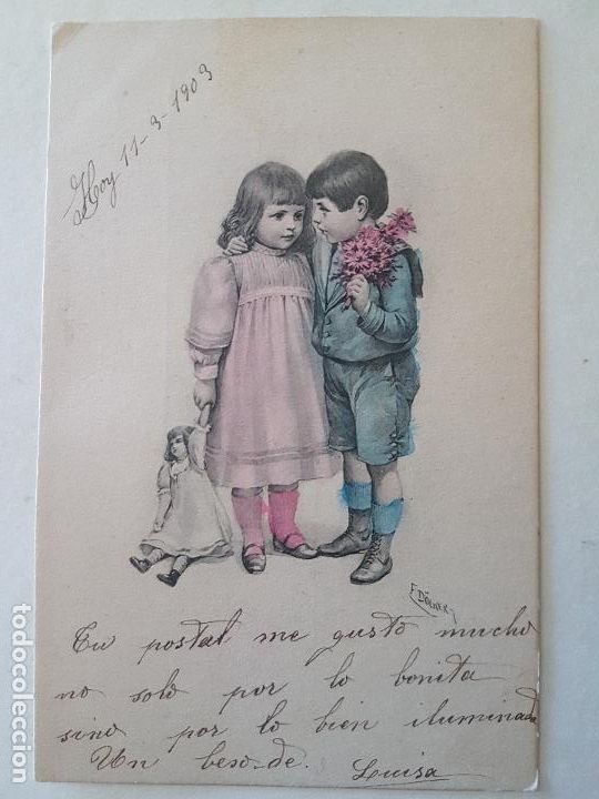 Postales: NI&Ntilde;OS CON MU&Ntilde;ECA Y FLORES POSTAL - Foto 1