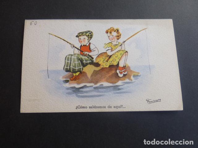 Postales: NI&Ntilde;OS PESCANDO FARINYES ILUSTRADOR POSTAL - Foto 1