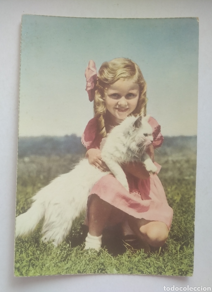 Postales: Postal ni&ntilde;a con gato 1960 - Foto 1