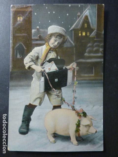 Postales: NI&Ntilde;O CARTERO CON CERDO POSTAL - Foto 1
