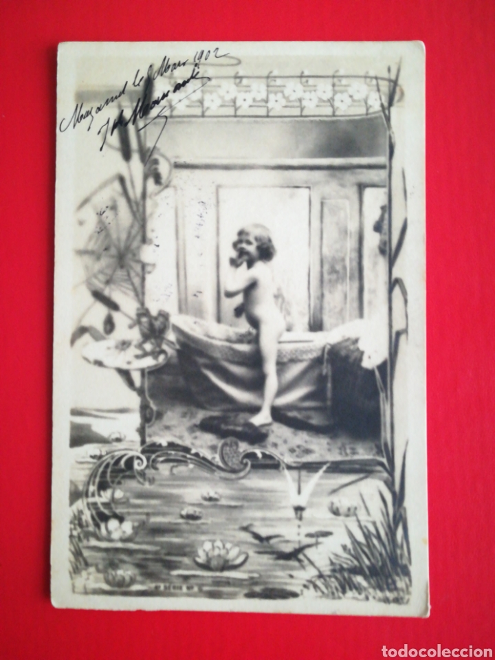 Postais: Año 1902, Niño o niña entrando en bañera. Francia (France)