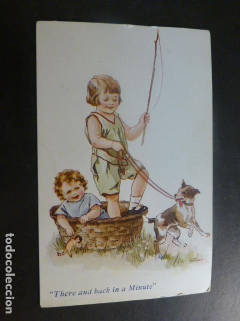 Postales: NI&Ntilde;OS JUGANDO CON PERRO POSTAL ILUSTRADA - Foto 1