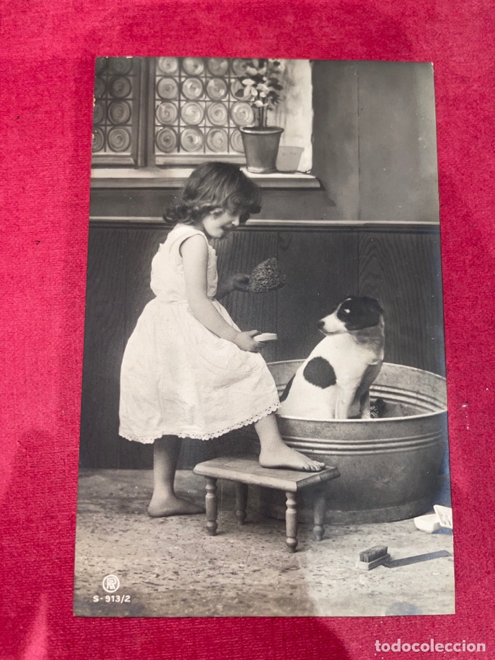 Postcards: P-474 Antigua postal rom&aacute;ntica de perro y ni&ntilde;a. Escrita