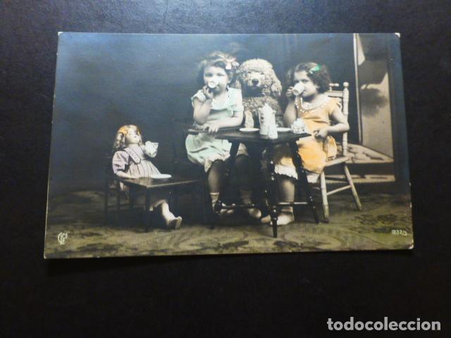 Postales: NI&Ntilde;AS TOMANDO EL T&Eacute; CON CANICHE POSTAL - Foto 1