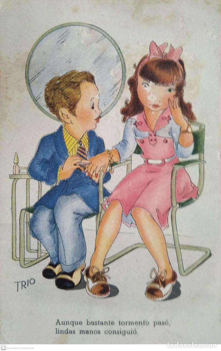 Postkarten: Pareja de Ni&ntilde;os. Serie 30. Aunque bastante tormento paso, lindas manos consigui&oacute;. Usada. Color