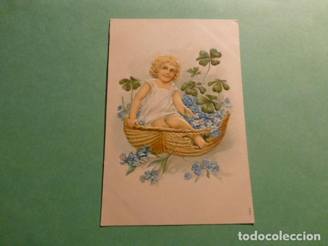 Postales: NI&Ntilde;A EN CESTO FLORES POSTAL RELIEVE - Foto 1