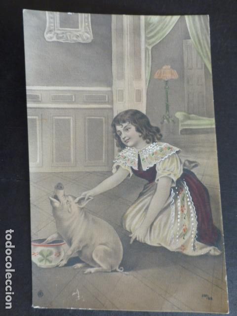 Postales: NI&Ntilde;A CON CERDITO POSTAL - Foto 1