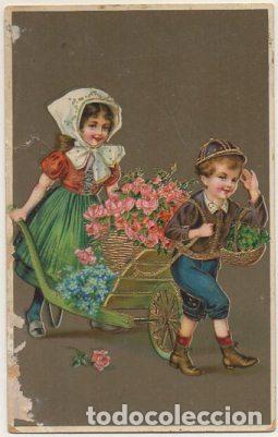 Cartoline: POSTAL DE NI&Ntilde;OS. NI&Ntilde;OS CON FLORES. CON BRILLANTE P-NI&Ntilde;OS-771