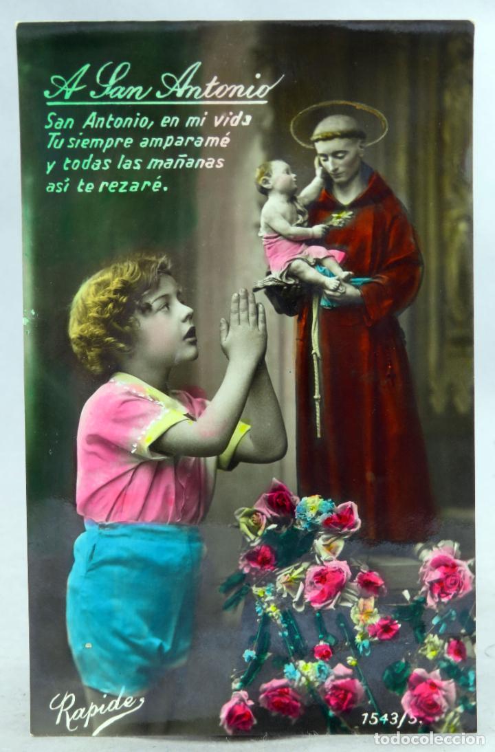 Postales: Postal San Antonio con ni&ntilde;a rezando y poes&iacute;a Rapide 1543/5 coloreada escrita a&ntilde;os 30