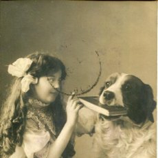 Postales: NIÑA CON SU PERRO Y UN LIBRO EN LA BOCA-AÑO 1911-FOTOGRÁFICA