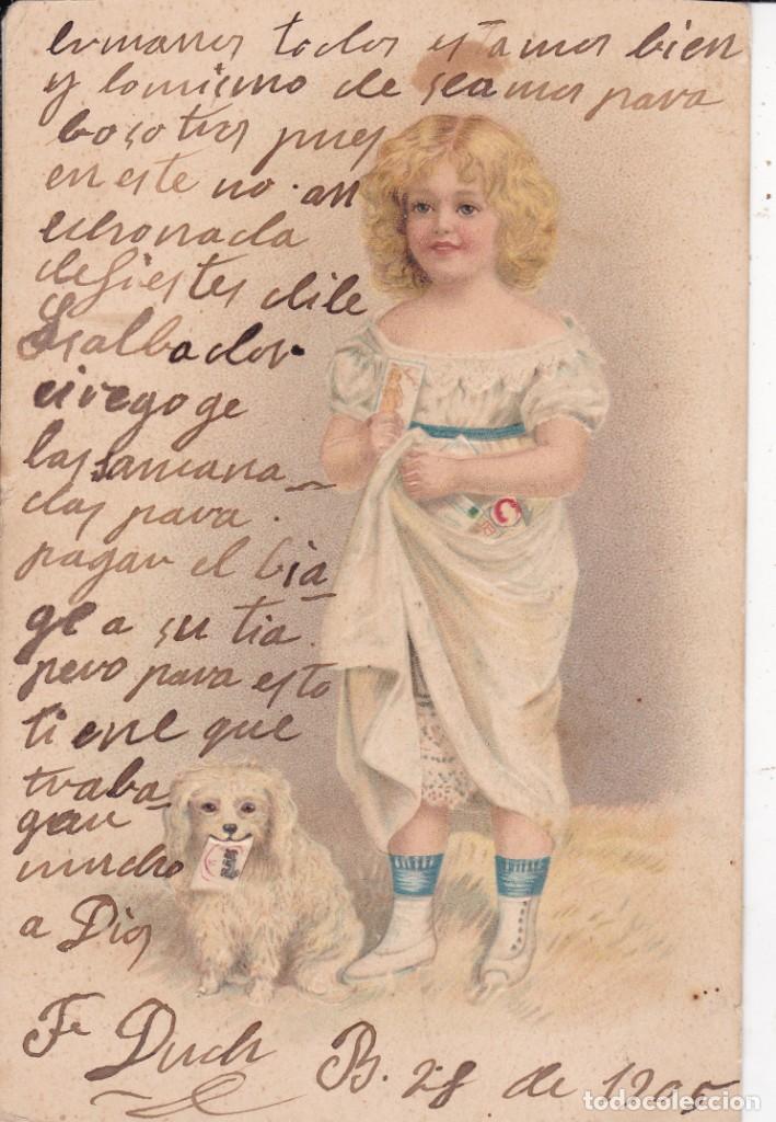 Postales: postal ni&ntilde;a con perro en relieve circulada 1905 - Foto 1