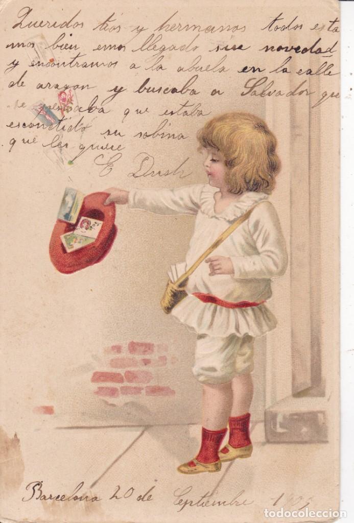 Postales: ni&ntilde;o con gorro y postales en relievve circulada en 1909 - Foto 1