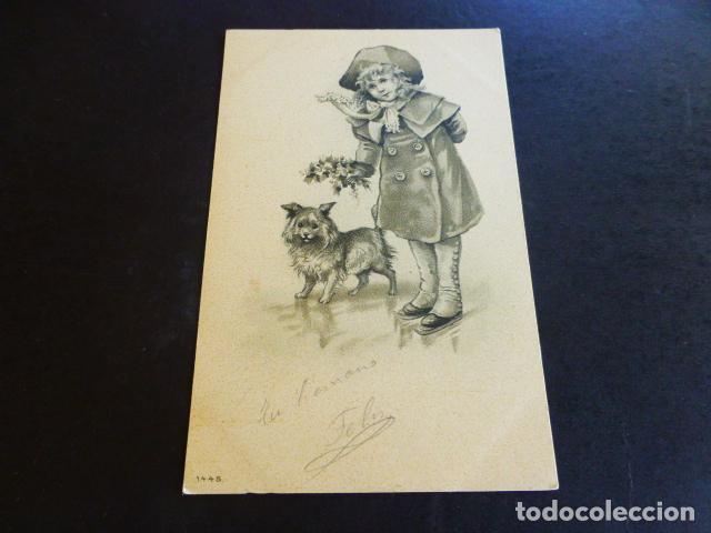 Postales: NI&Ntilde;A CON PERRO POSTAL CROMOLITOGRAFICA - Foto 1