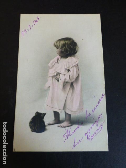 Postales: NI&Ntilde;A CON GATO POSTAL - Foto 1