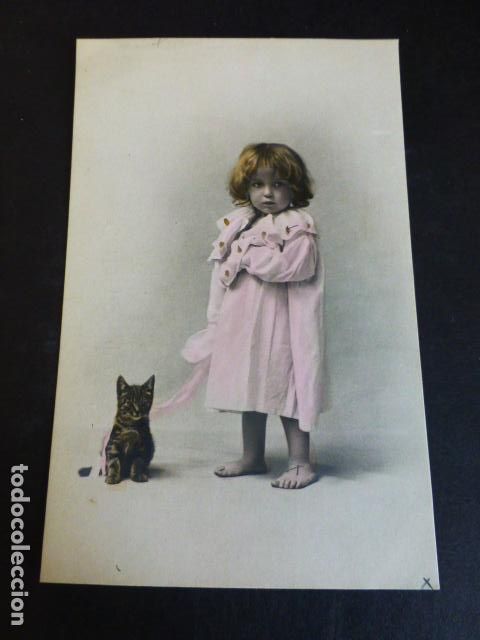 Postales: NI&Ntilde;A CON GATO POSTAL - Foto 1