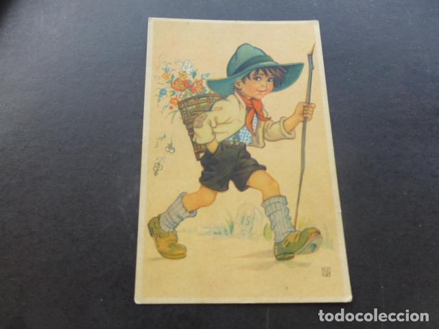 Postales: NI&Ntilde;O CON CANASTO FLORAL POSTAL ILUSTRADA - Foto 1