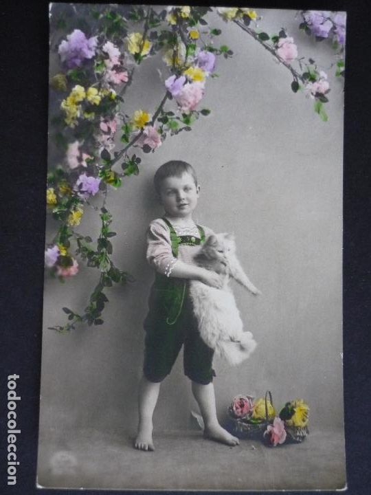 Postales: NI&Ntilde;O CON GATO POSTAL - Foto 1
