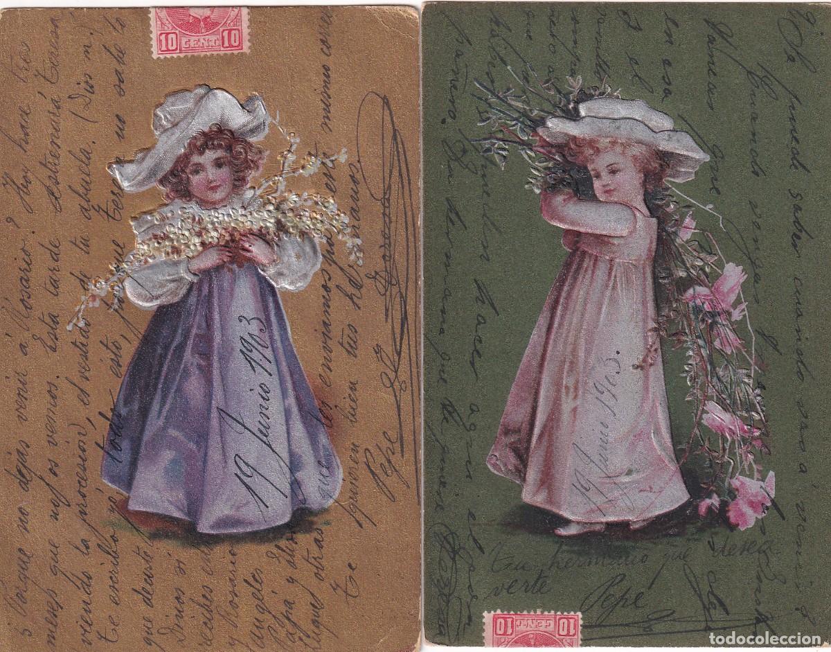 Postales: Lote de 2 postales de ni&ntilde;as con flores. Circuladas. - Foto 1