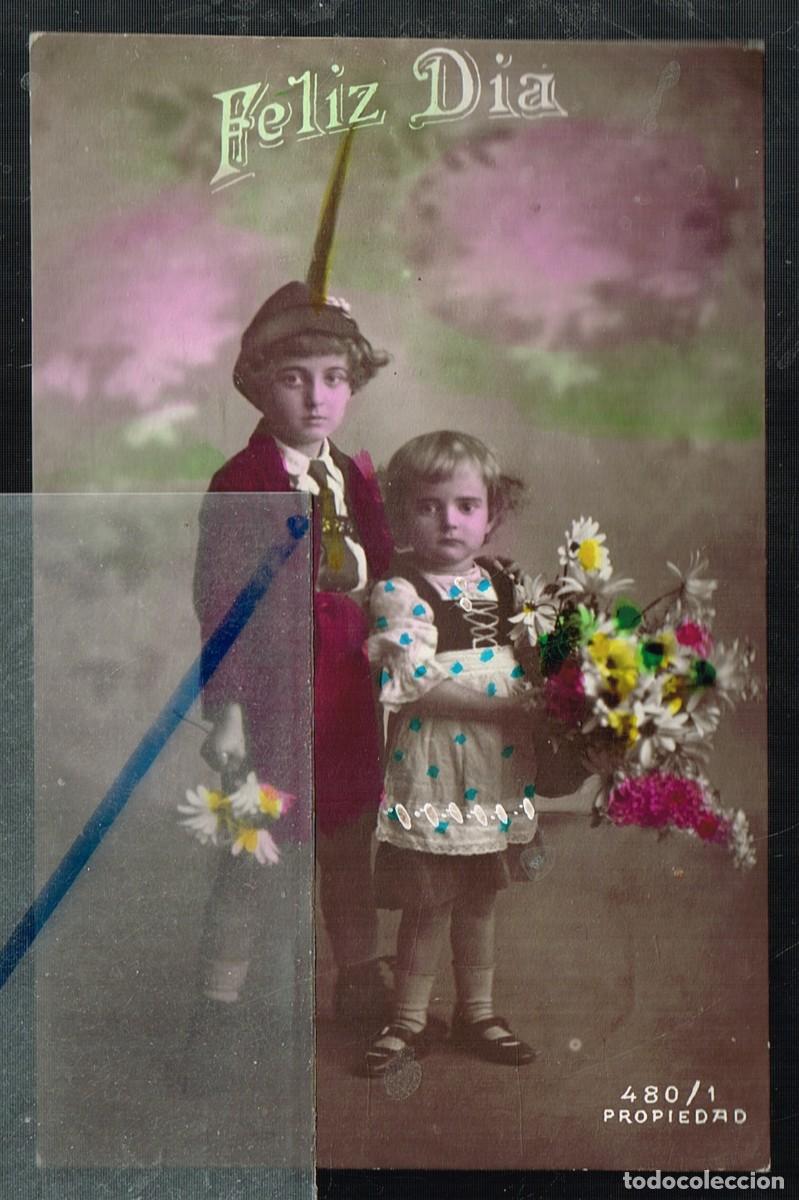 Postales: 1923 29/11 - COLOR ANILINAS ESCRITA PAREJA NI&Ntilde;O Y NI&Ntilde;A TRAJES TIROL Y FLORES 480/1 PROPIEDAD - P26
