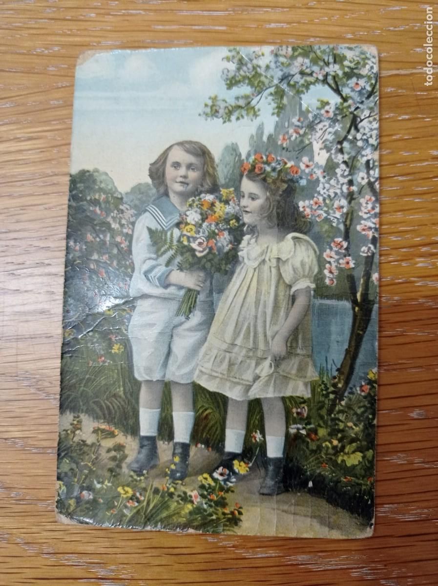 Postkarten: postal con dos ni&ntilde;os y flores escrita