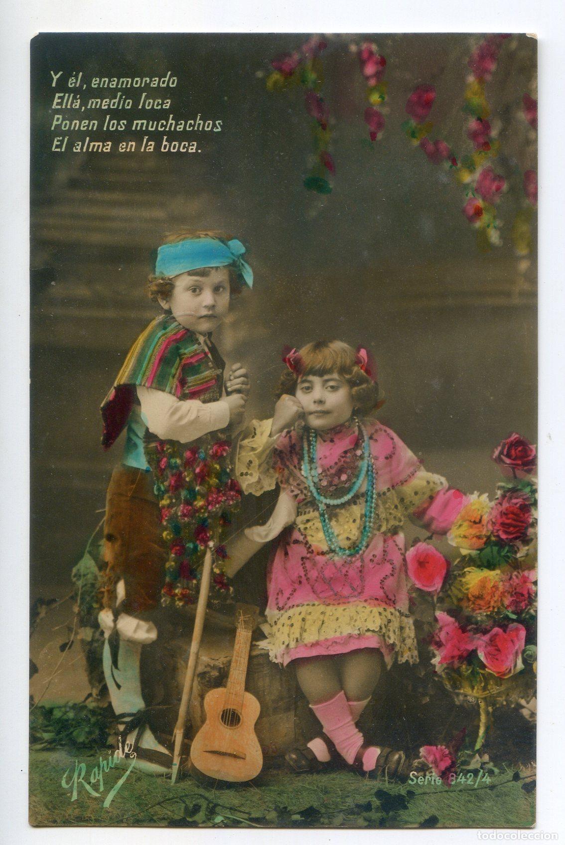 Postales: Dos ni&ntilde;os con traje regional y verso. Rapide - Foto 1