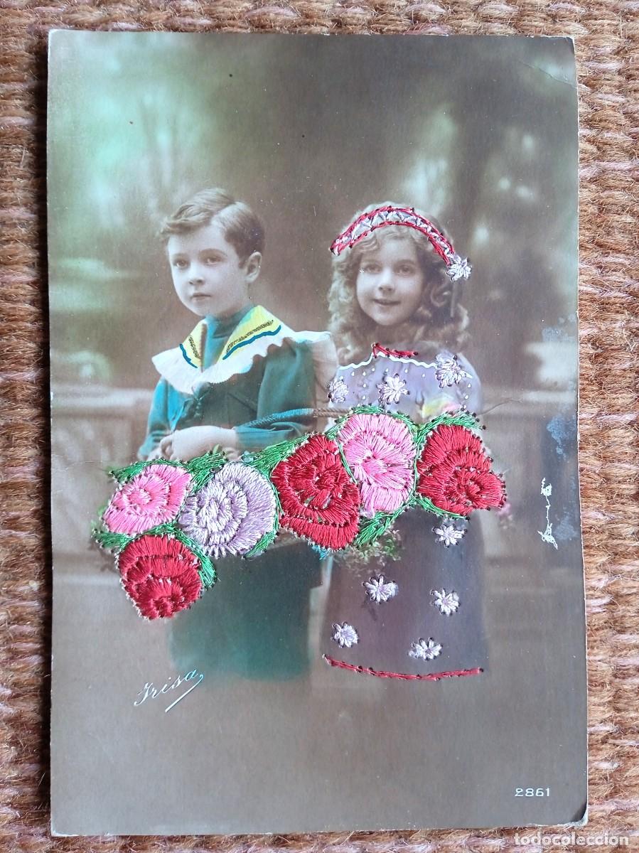 Postcards: NI&Ntilde;OS POSTAL BORDADA CON HILO