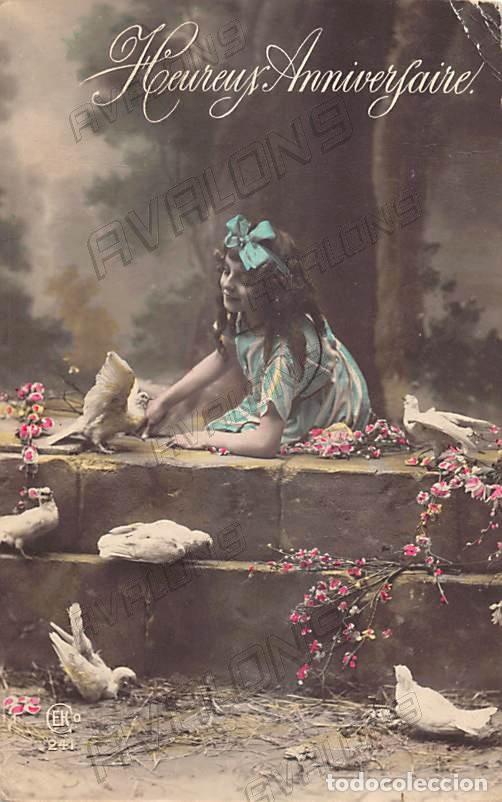 Cartoline: Postal Francesa de Feliz Cumplea&ntilde;os - A&ntilde;os 10 o 20 - Escrita - Coloreada