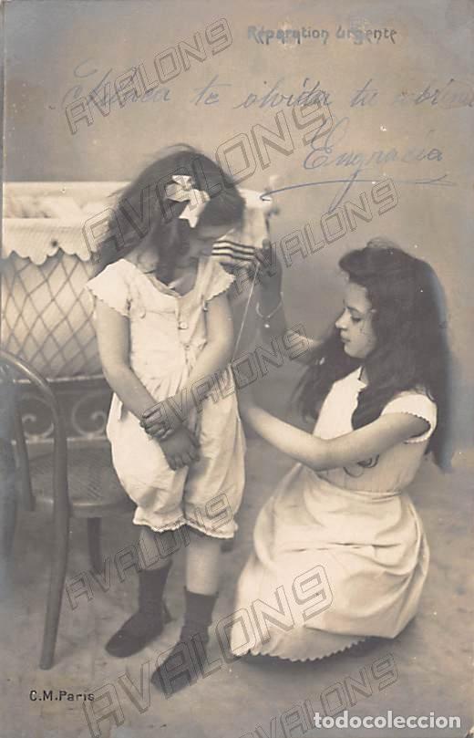 Cartoline: Postal espa&ntilde;ola de unas ni&ntilde;as cosiendo - 1909 - Escrita y Circulada