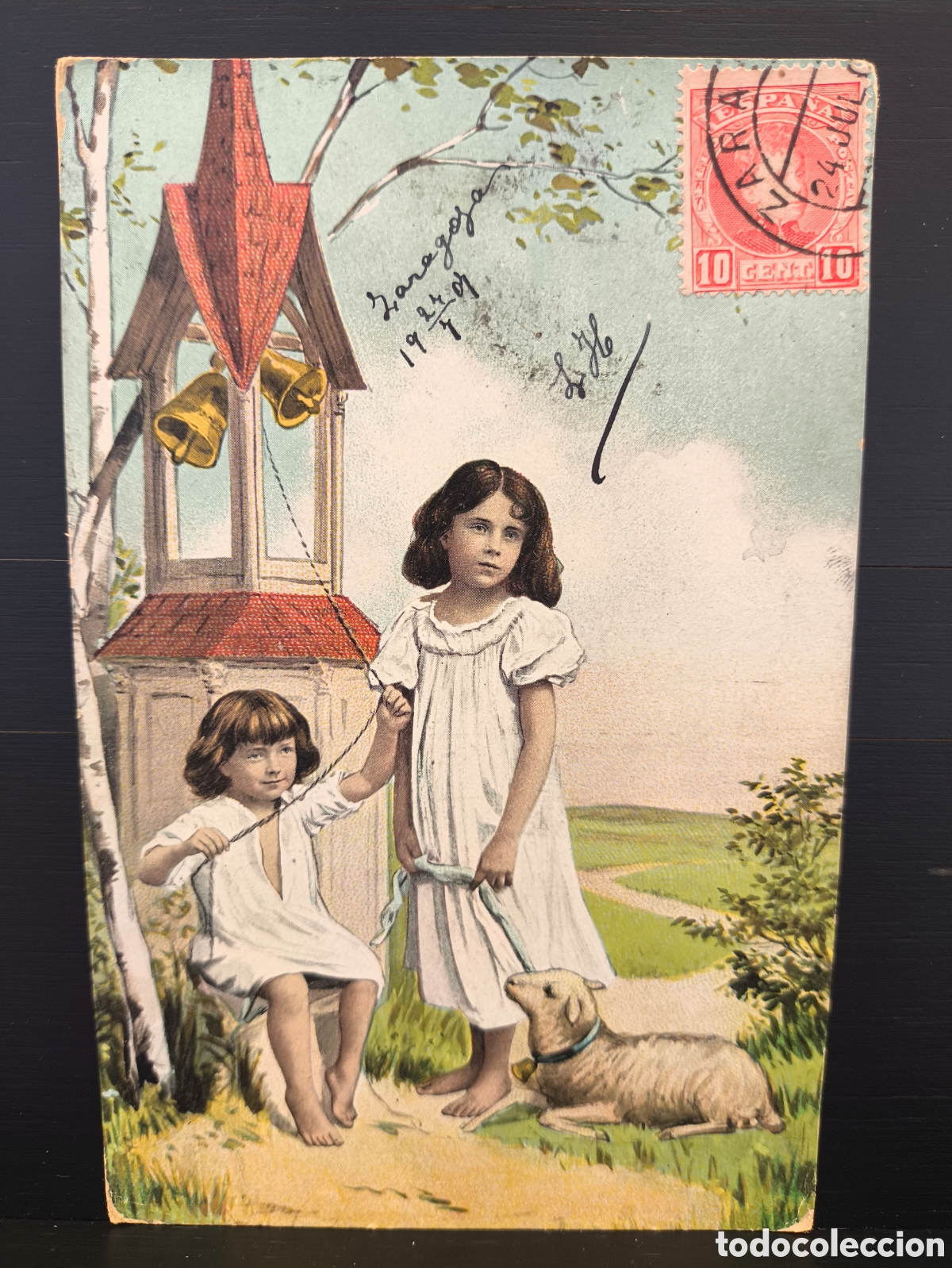 Postales: Antigua postal ilustrada ni&ntilde;o ni&ntilde;a Pascua cordero rom&aacute;ntica fantas&iacute;a art&iacute;stica 1907