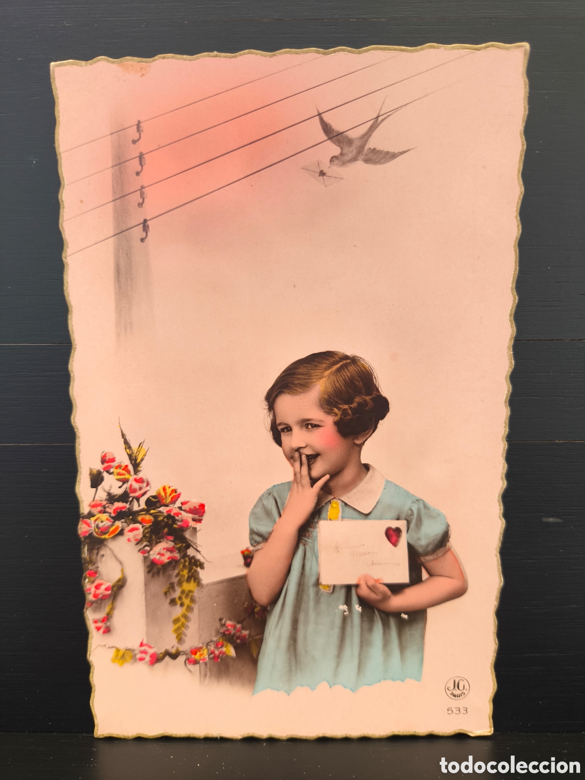 Postales: Antigua postal fotogr&aacute;fica coloreada retrato ni&ntilde;a flores golondrina rom&aacute;ntica fantas&iacute;a art&iacute;stica