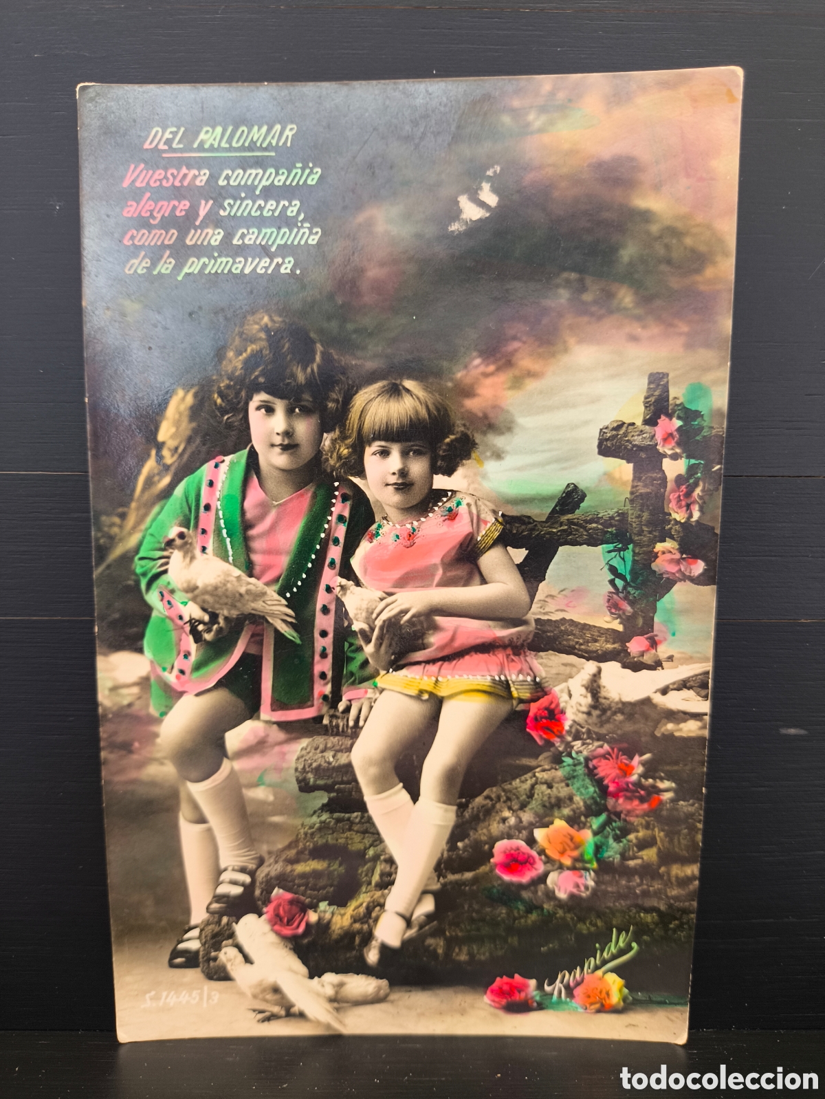 Postales: Antigua postal fotogr&aacute;fica coloreada retrato ni&ntilde;o ni&ntilde;a rom&aacute;ntica fantas&iacute;a art&iacute;stica 1928