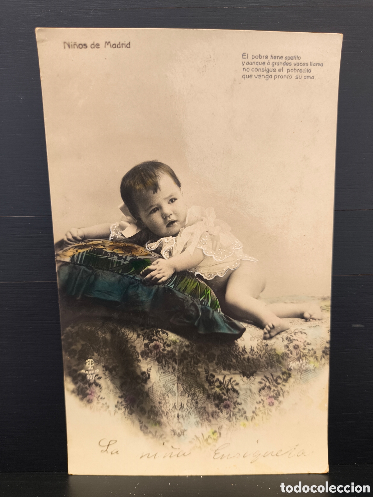 Postales: Antigua postal fotogr&aacute;fica coloreada retrato ni&ntilde;o ni&ntilde;a beb&eacute; Ni&ntilde;os de Madrid fot&oacute;grafo Gombau 1907