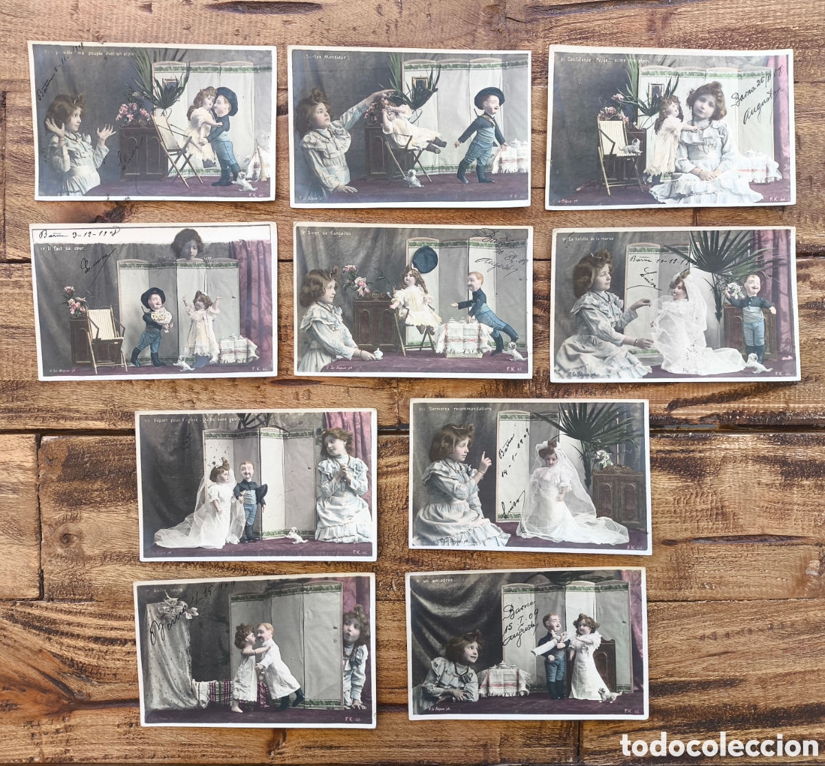 Postales: Lote antiguas postales fotogr&aacute;ficas coloreadas ni&ntilde;a mu&ntilde;ecos escena teatral infantil Serie completa