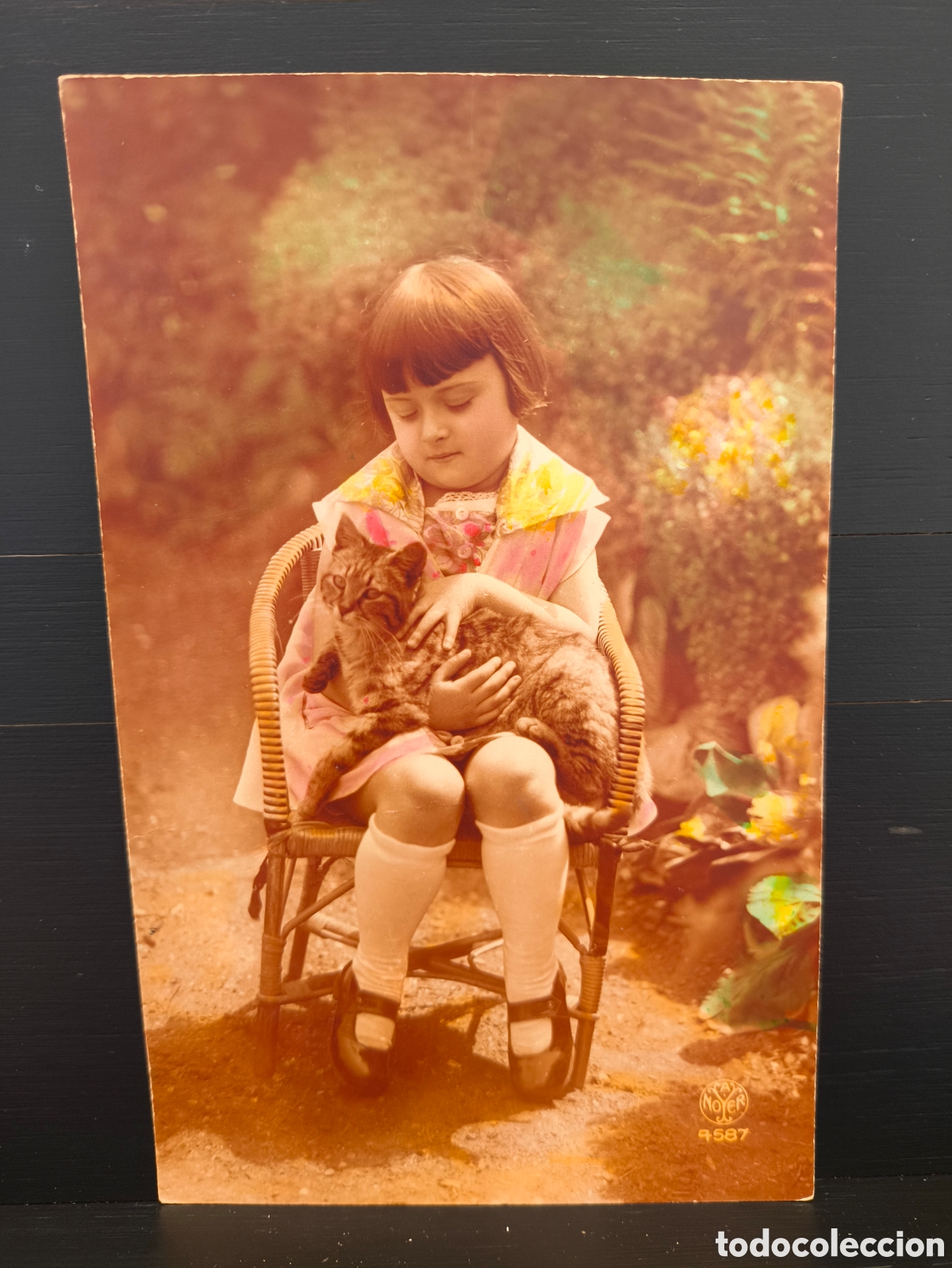 Postales: Antigua postal fotogr&aacute;fica coloreada retrato ni&ntilde;o ni&ntilde;a gato rom&aacute;ntica fantas&iacute;a art&iacute;stica 1927