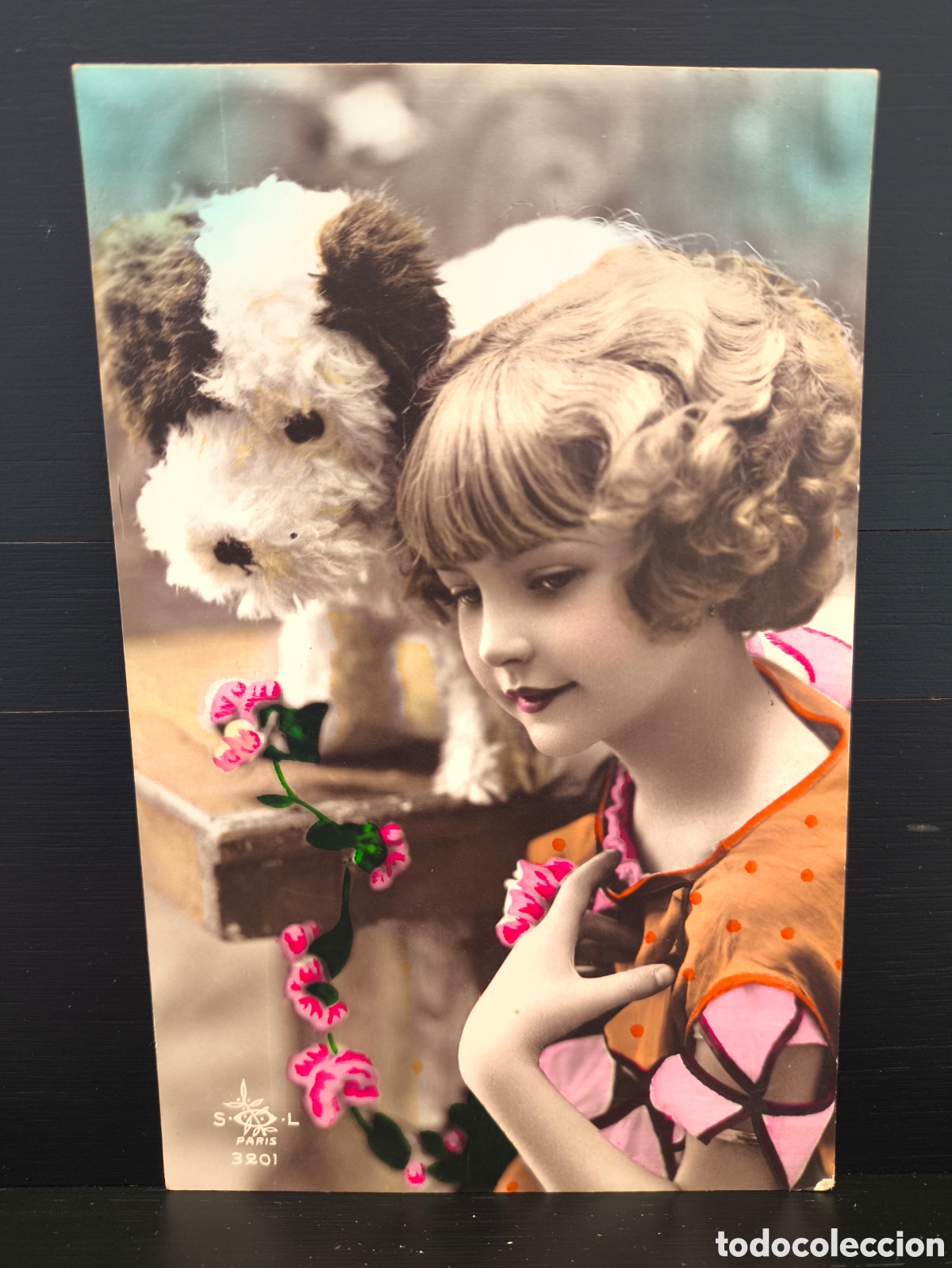 Postales: Antigua postal fotogr&aacute;fica coloreada retrato ni&ntilde;o ni&ntilde;a peluche perro rom&aacute;ntica fantas&iacute;a art&iacute;stica